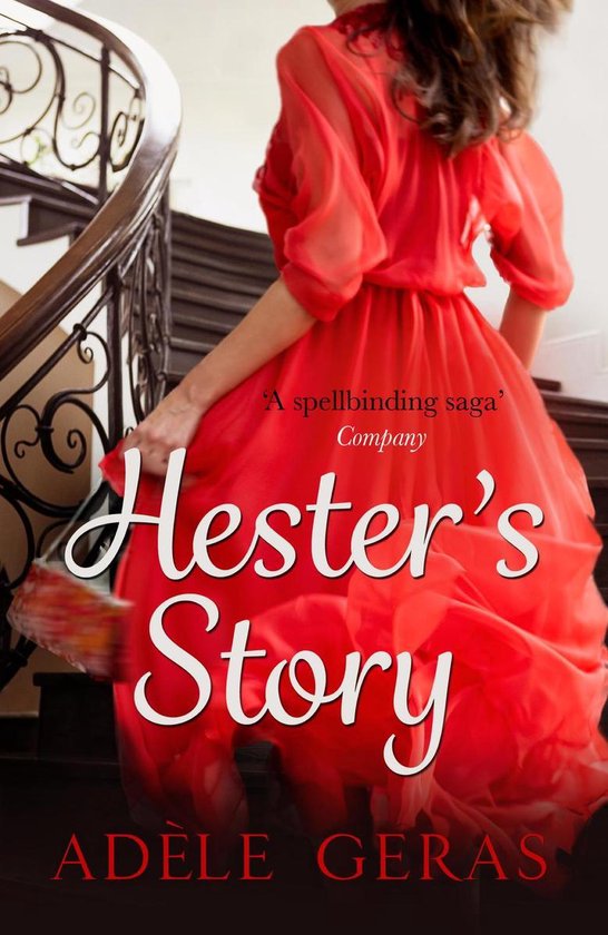 Een vrouw in een lange, rode jurk met pofmouwen loopt een trap op. De titel 'Hester's Story' staat in witte letters op de jurk.