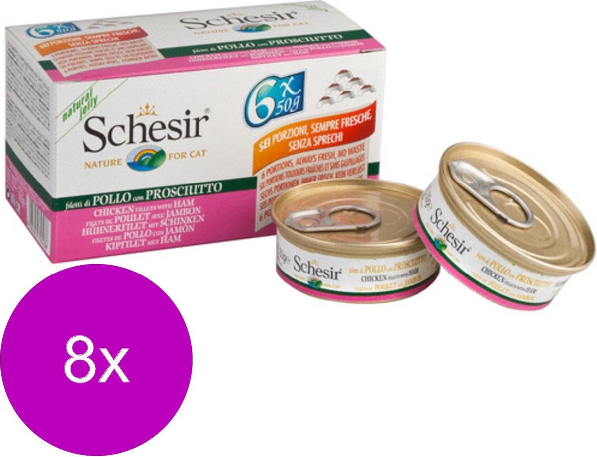 Schesir Kat Mp Blik Gelei 6×50 g – Kattenvoer – 8 x Kipfilet&Ham