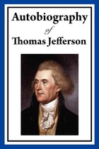 Boekomslag 'Autobiografie van Thomas Jefferson' met schilderij van Thomas Jefferson, die een wit overhemd, een bruine jas en een witte das draagt.