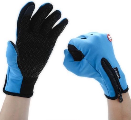 Zwarte en blauwe fietshandschoenen, de rechter met rits en de linker met antislip handpalm.