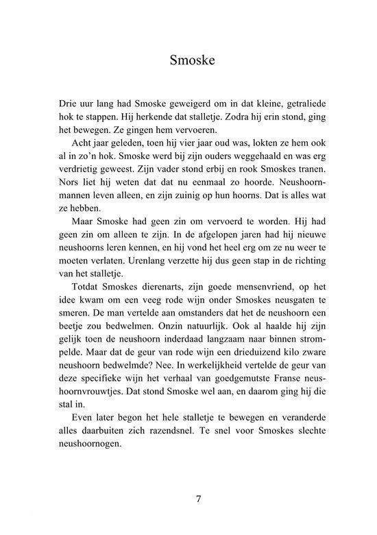 Pagina met de titel 'Smokse'. Beschrijft hoe Smokse weigerde om uit het stalletje te stappen. Links een voetnoot.