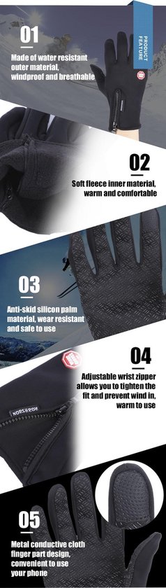 Gedetailleerde weergave van zwarte handschoenen: waterafstotend materiaal, fleece voering, anti-slip siliconen palm en verstelbare polsritssluiting.