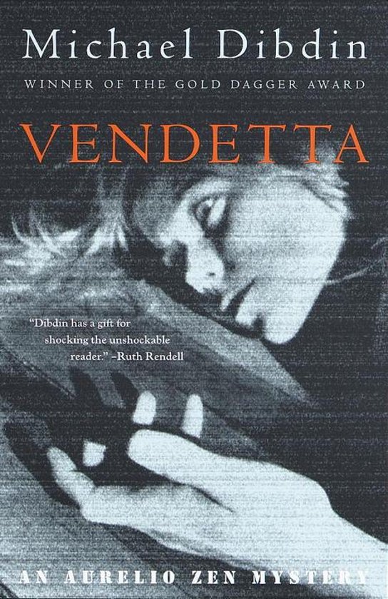 Boekcover van 'Vendetta' van Michael Dibdin met een duister portret van een slapende vrouw.