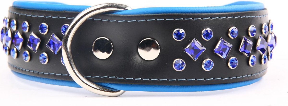 Dog's Companion - Leren halsband met kristallen - Lengte: 55cm (45-53cmx40 mm), Kleur: Zwart/Blauw