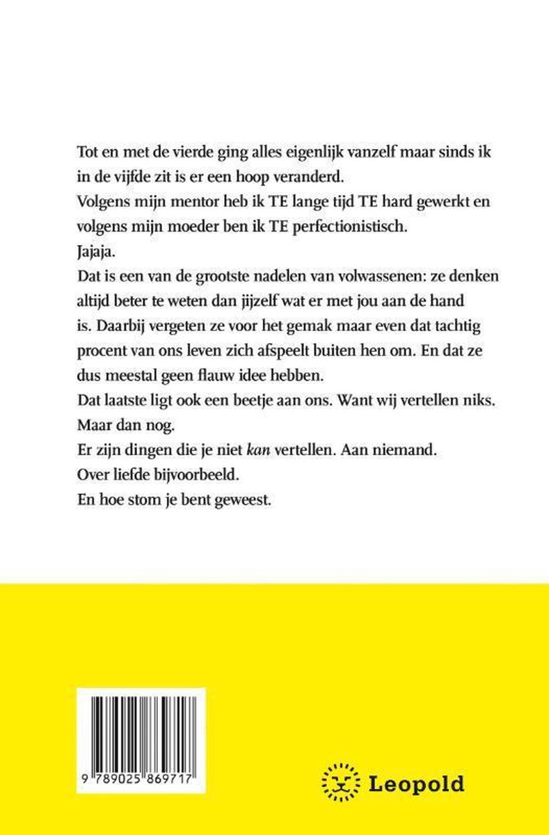 Achterkant van een boek met Nederlandse tekst en een gele strook aan de onderkant. Leopold logo.