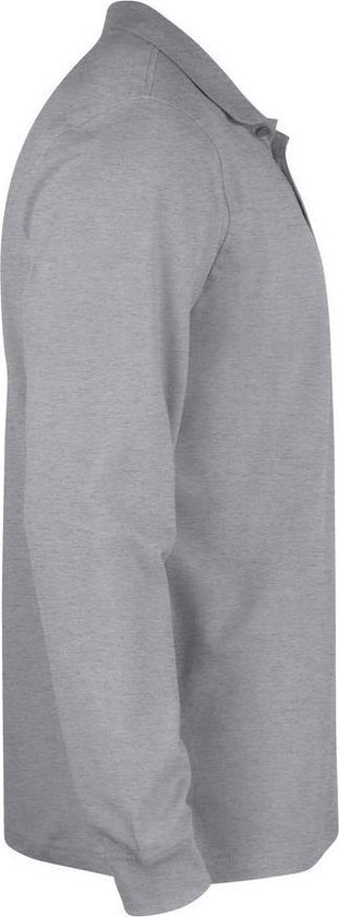 Lange grijze polo met knoopjes, zijaanzicht.