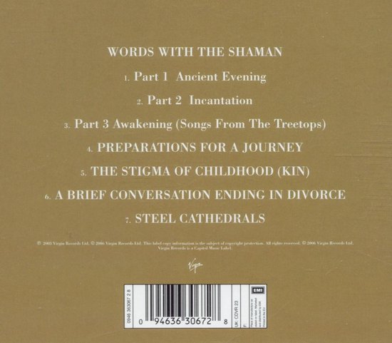 Achterkant albumhoes met titel en tracklist: WORDS WITH THE SHAMAN, PREPARATIONS FOR A JOURNEY, STEEL CATHEDRALS.