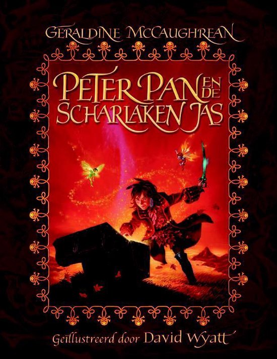 Couverture de livre avec le titre Peter Pan and the Scarlet Coat, avec un garçon et des fées.
