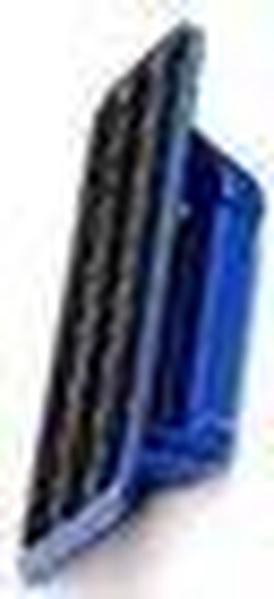 Blauwe houder met zwart, gestreept schuurpad.