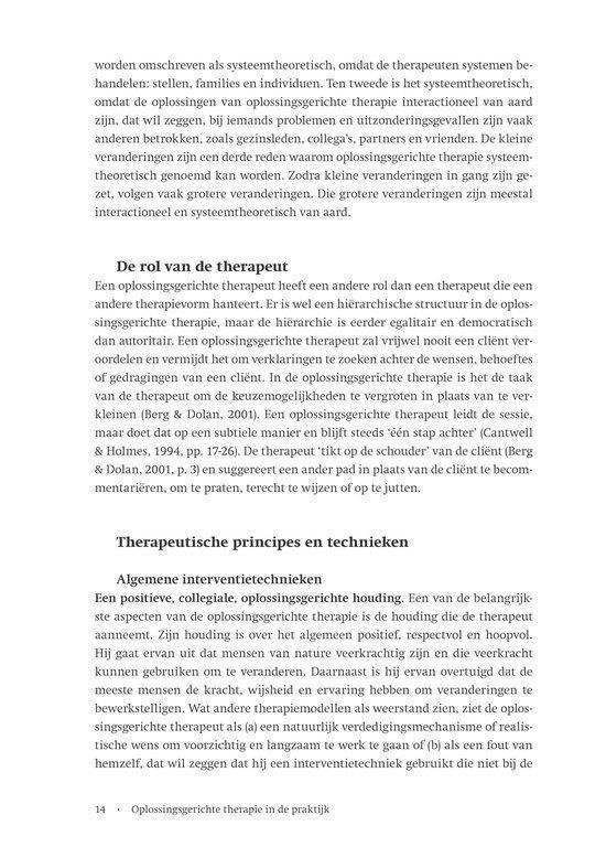Bladzijde met tekst over oplossingsgerichte therapie, inclusief de rol van de therapeut en therapeutische principes en technieken.