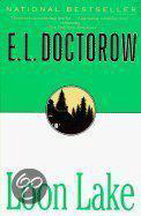 Boek kaft met groene en witte vlakken, E.L. Doctorow's Loon Lake met een afbeelding van een bos in een cirkel.