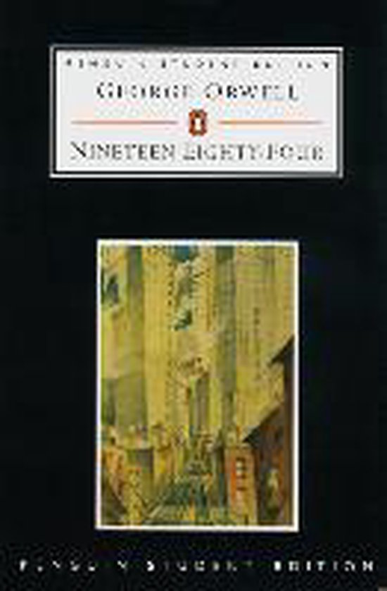 Zwarte Penguin Student Edition boekomslag van Nineteen Eighty-Four door George Orwell met een illustratie van een stad.