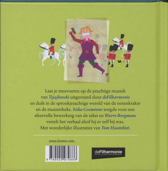Een illustratie van een man met een brede grijns, die een bokshouding aanneemt, met soldaten op paarden eromheen. Tekst: Laat je meevoeren op de prachtige muziek van Tsjaikovski...