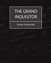 Boekomslag 'The Grand Inquisitor' van Fyodor Dostoevsky met tekst op een donkere, geschreven achtergrond.