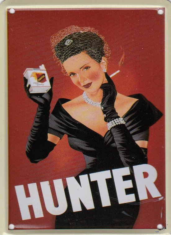 Hunter sigaretten, blikken wand- reclamebordje 8x11cm