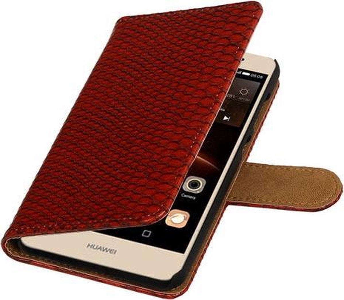 Rood Slang booktype wallet cover hoesje voor Huawei Y6 II Compact