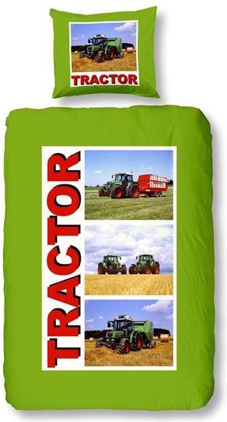 Snoozing Tractor - Flanel - Dekbedovertrek - Eenpersoons - 140x200/220 cm + 1 kussensloop 60x70 cm - Groen