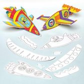 In te kleuren zweefvliegtuigjes in de vorm van een raket, die kinderen naar eigen smaak kunnen versieren. Creatief speelgoed, perfect voor in de kerstsok en feesttasjes (8 stuks)