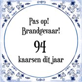 Verjaardag Tegeltje met Spreuk (94 jaar: Pas op! brandgevaar! 94 kaarsen dit jaar! + cadeau verpakking & plakhanger