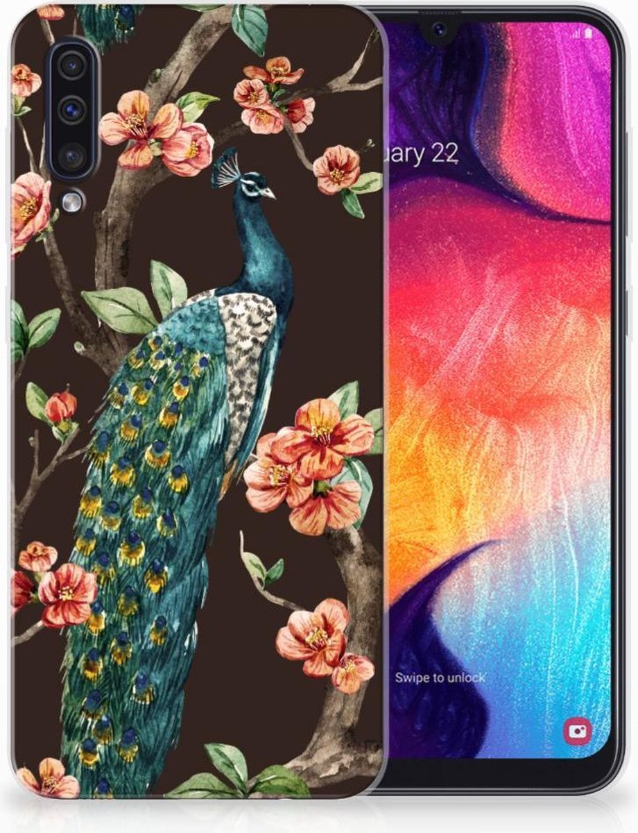 Samsung Galaxy A50 TPU Hoesje Pauw met Bloemen