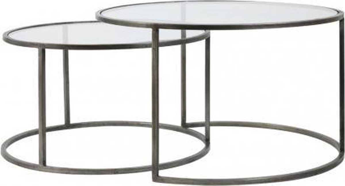 Salontafel set 2rond zilver glas metaal Ø65X39+Ø75X44 CM