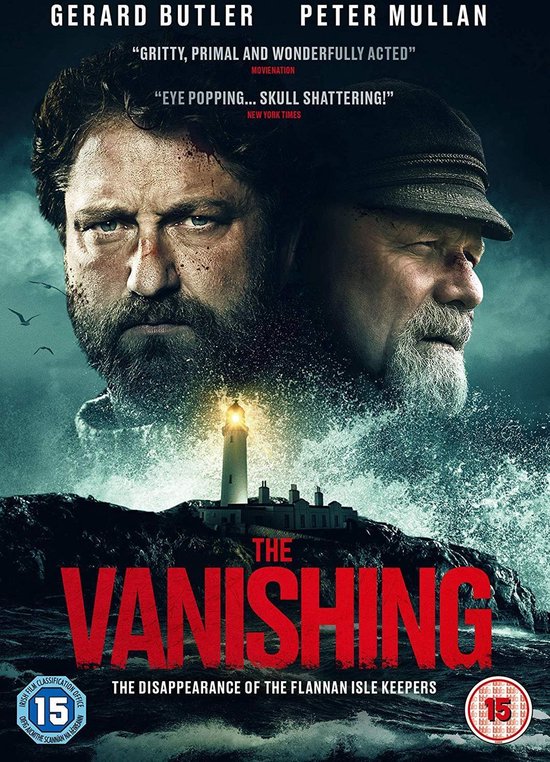 Filmcover 'The Vanishing' met Gerard Butler en Peter Mullan, met een vuurtoren en dramatische gezichtsuitdrukkingen.