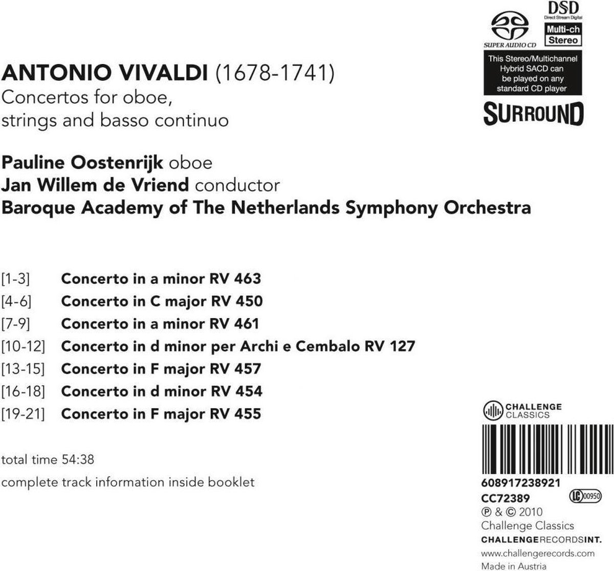 Vivaldi Concertos For Oboe, Strings & Basso Continuo, Jan Willem de Vriend Muziek