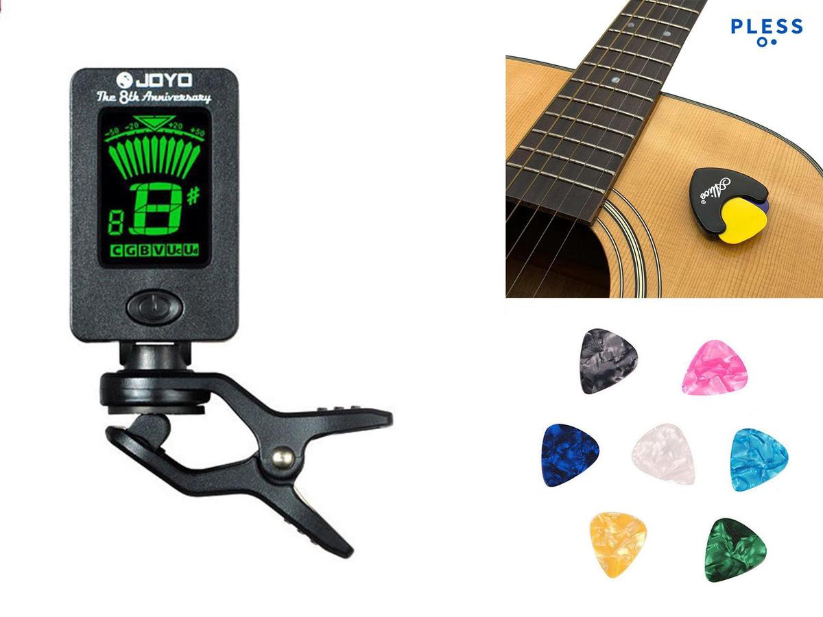 Luxe Gitaar 4 in 1 Voordeel Set - Capo Plectrums Clip On Tuner Plectrumhouder - Stemapparaat JOYO JT-01 - Capodaster Klem Celluloid Picks Plectrums - Muziek Instrument Accessoires - Bas Viool Ukelele en Chromatisch