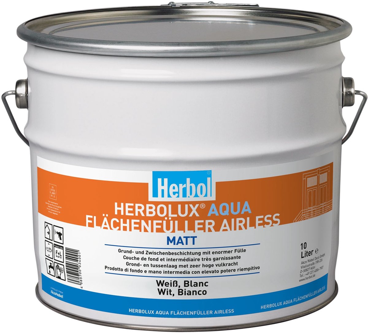 Herbolux Aqua Flächenfüller Airless - Watergedragen grondlaag en tussenlaag met extreem hoge vulkracht - Binnen - 10 L - Wit