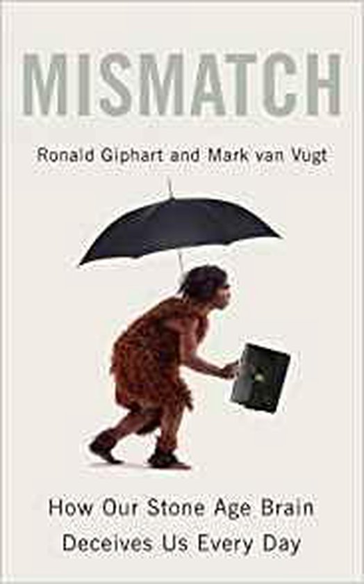 Boekomslag van Mismatch. Een prehistorisch persoon houdt een paraplu en een aktetas vast.
