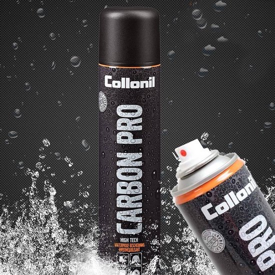 Collonil Carbon Pro spuitbus met water in de lucht. Close-up van een spuitbus op de voorgrond.