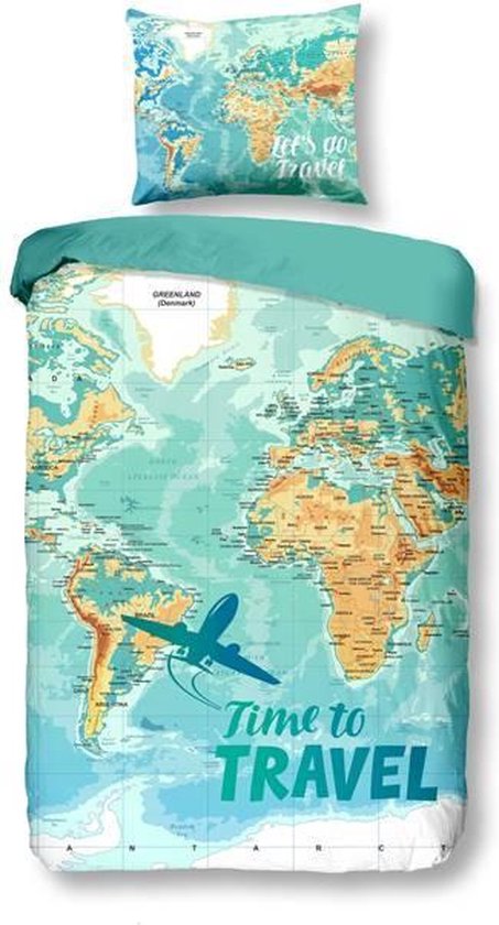 Snoozing Worldmap - Flanel - Dekbedovertrek - Eenpersoons - 140x200/220 cm + 1 kussensloop 60x70 cm - Multi kleur