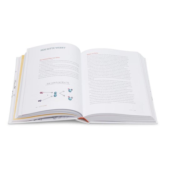 Openstaand kookboek met op de linkerpagina de titel 'Hoe hitte werkt' en illustraties van moleculen. De rechterpagina gaat over 'Water en hitte'.
