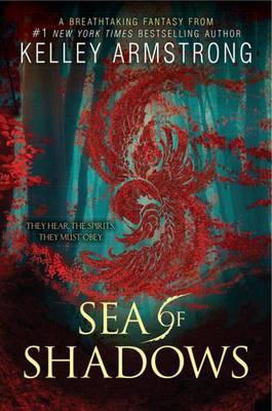 Boek "Sea of Shadows" met een rode feniks op een turquoise achtergrond.