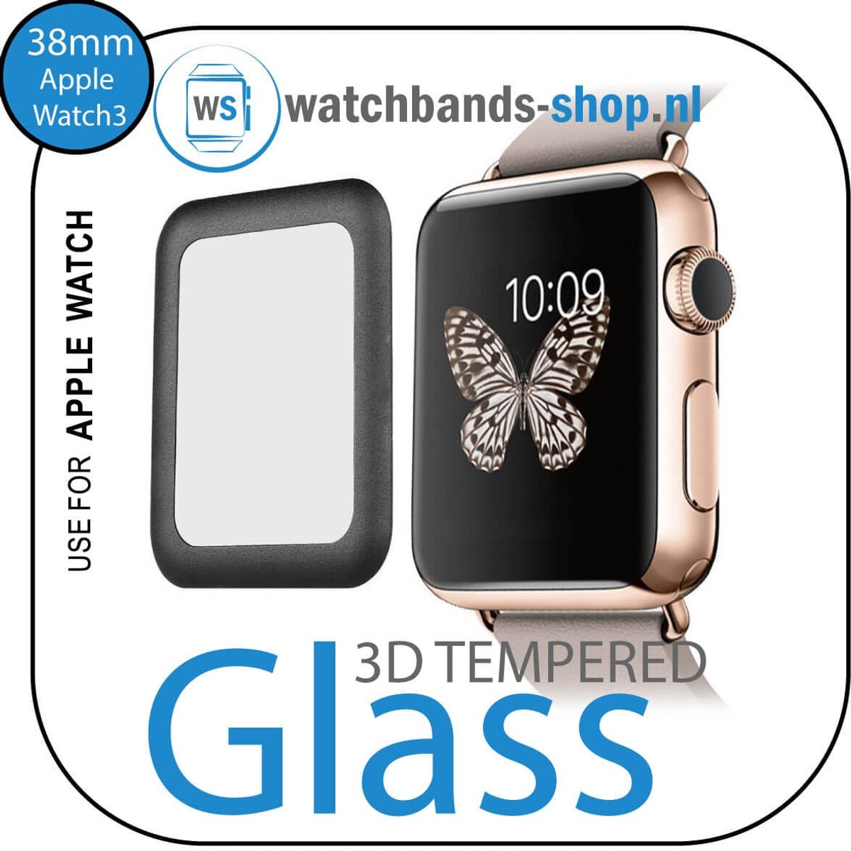 Screenprotector - Apple Watch 3 38mm - zwart rand - 3D gehard glas