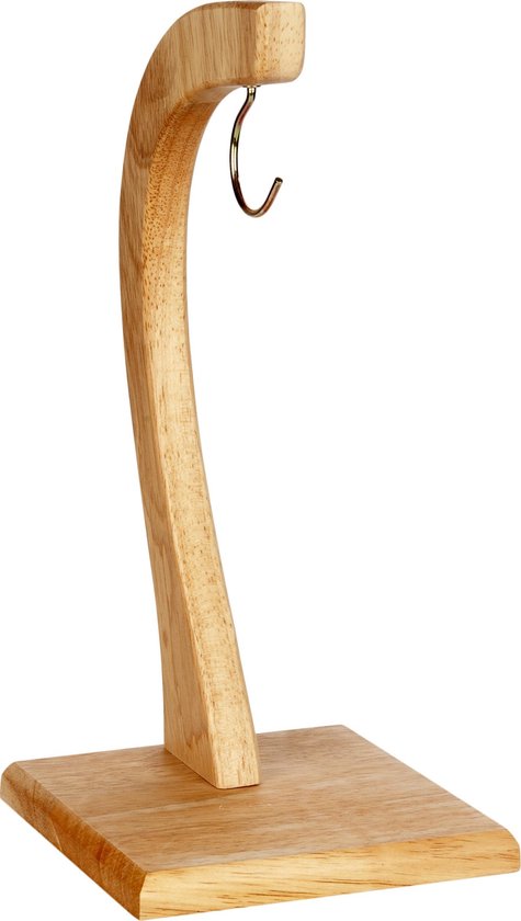 Houten bananenhouder met een gebogen standaard en een haakje.