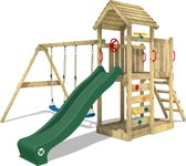 WICKEY speeltoestel klimtoestel MultiFlyer met houten dak, schommel & groene glijbaan, outdoor klimtoren voor kinderen met zandbak, ladder & speel-accessoires voor de tuin