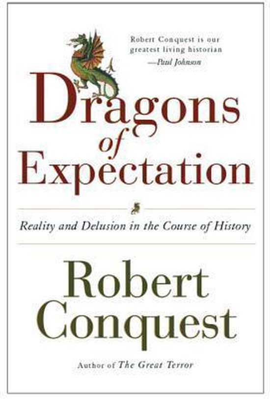 Boekomslag: 'Dragons of Expectation' met een groene draak boven de titel, diep rode tekst met witte accenten.