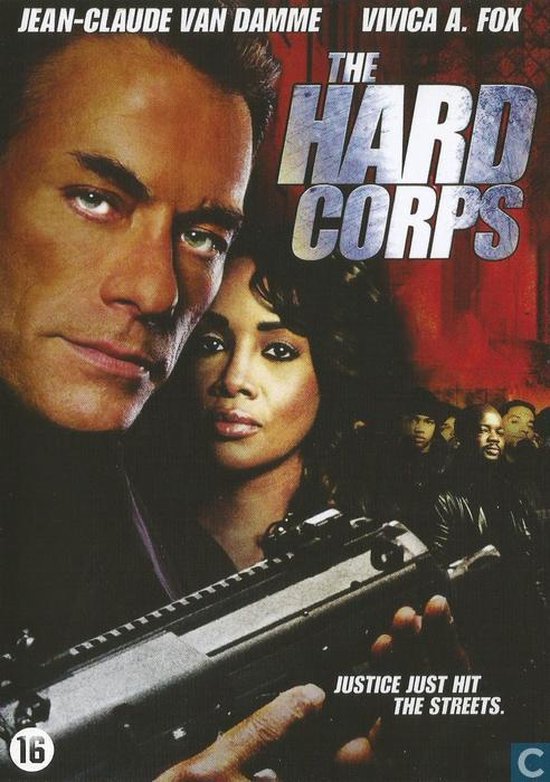 Jean-Claude Van Damme en Vivica A. Fox op de poster voor "The Hard Corps". Jean-Claude houdt een wapen vast.