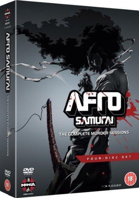 De voorkant van de Afro Samurai DVD-box, met een illustratie van Afro Samurai met een groot zwaard, bloedspatten en de titel in grote letters.