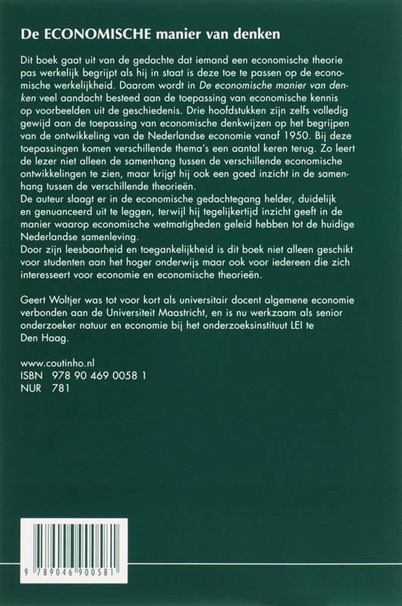 Achterkant boek "De economische manier van denken" met tekst en ISBN.
