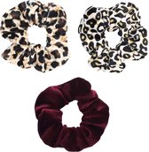 Scrunchie 3 stuks Velvet Extra Vol en Luxe - haarelastiek haarwokkel scrunchies - bordeauxrood - panterprint bruin/zwart - panterprint zwart/goud  - Kraagjeskopen.nl