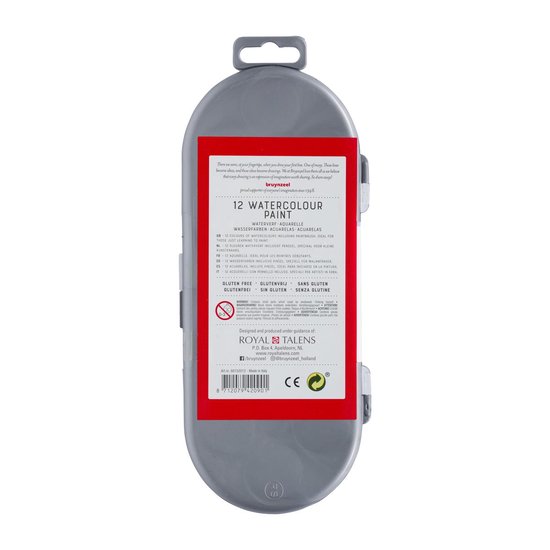 Arrière d'un set de peinture aquarelle Bruynzeel de 12 couleurs. Mallette grise avec une étiquette rouge d'informations produit.