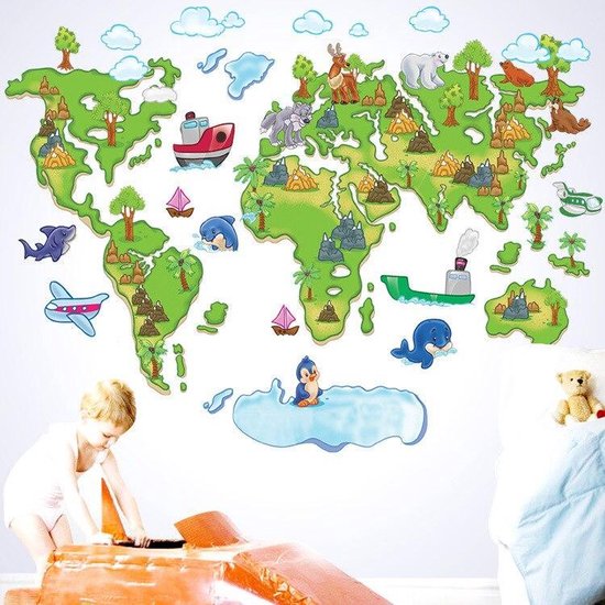 Muursticker Wereldkaart met Natuur | 120x80 cm | Home Decor Sticker
