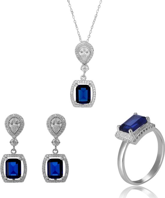 Orphelia SET-7426/SA/54 - Juwelenset: Ketting + Oorbellen + Ring - Zilver 925 - Zirkonia Saffier - Ring maat 54