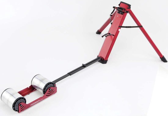 Gevouwen rode Feedback Sports Omnium fietstrainer, in de vergrendelde stand.