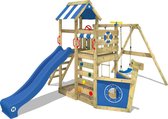 WICKEY speeltoestel klimtoestel SeaFlyer met schommel & blauwe glijbaan, outdoor klimtoren voor kinderen met zandbak, ladder & speelaccessoires voor de tuin