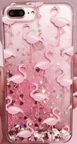 Luxe Backcover voor Apple iPhone 7 Plus - Apple iPhone 8 Plus - Hard Case - Hoogwaardige TPU afwerking - Flamingo - Vloeibare Hartjes - Bewegende Hartjes Glitter - Roze - Transpara