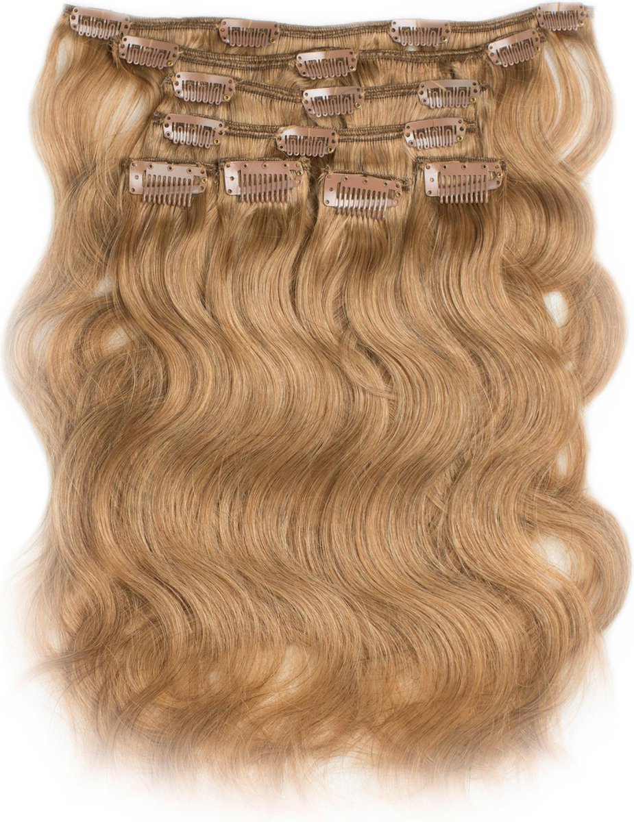 Clip in Extensions, 100% Human Hair, Body Wave, 22 inch, kleur #27 Dark Blonde