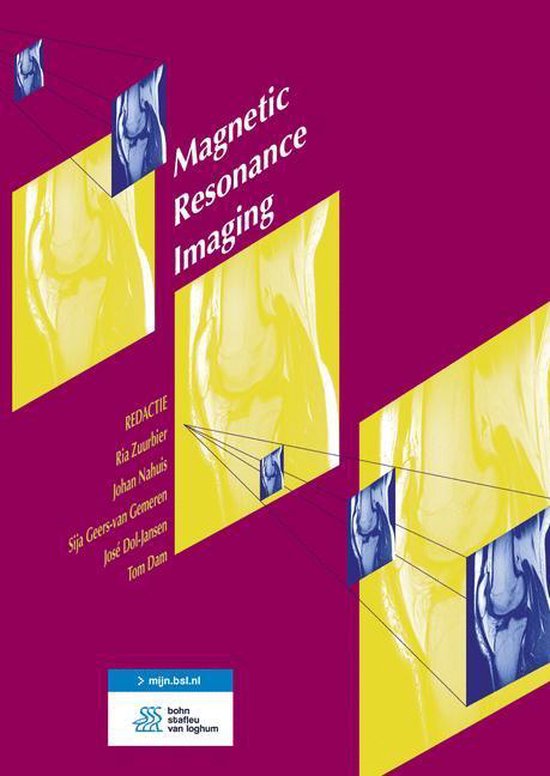 Couverture du livre 'Magnetic Resonance Imaging' sur fond rouge avec des blocs jaunes présentant des scanners IRM d'un genou.
